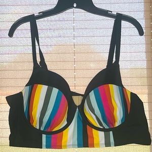 NWOT “SWIM by Cacique” black with colored stripes swim top Sz 44C. Never worn
